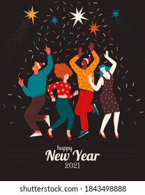 People at the Christmas party. Vector illustration of four diverse cartoon dancing people in flat style. Isolated on dark background with confetti 