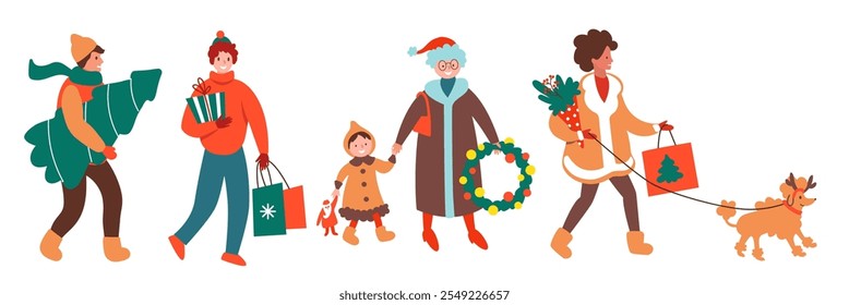 People with Christmas seasonal purchases. Street style. Vector illustration in Trendy Retro Style for cards, covers, posters and decoration