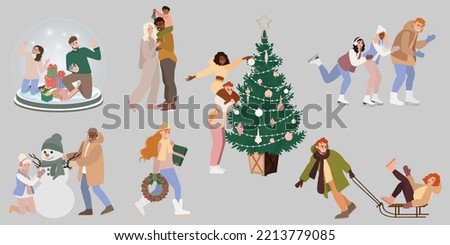 People Christmas set holiday preparing presents for Christmas, decorating Christmas tree. People winter activities, skiing, skating, making a snowman, sledding on mountain slope. Couple on skate rink.
