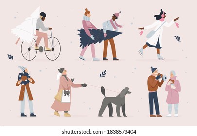 People in Christmas street market vector illustration. Cartoon woman man shoppers characters shopping in Xmas shop fair on town square, buying Christmas tree, hot drinks and boxes presents background