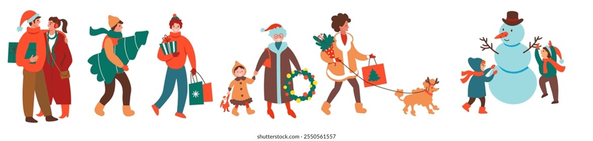 People. Christmas street style. Characters. 
Vector illustration in Trendy Retro Style