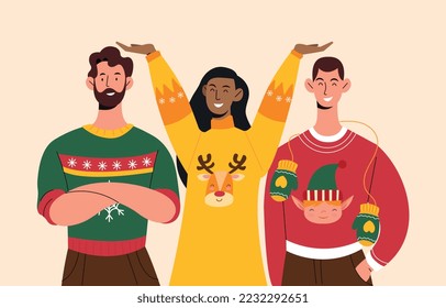 Gente en sudaderas de Navidad. Hombres y mujeres vestidos con ropa de invierno con huellas tradicionales. Diseño de postales de bienvenida e invitación. Afiche o cartel para el sitio web. Dibujo vectorial plano de dibujos animados