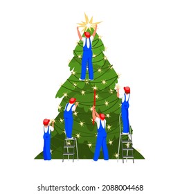 people and a Christmas tree. people decorate a fir tree. vector image of the eve of the holiday