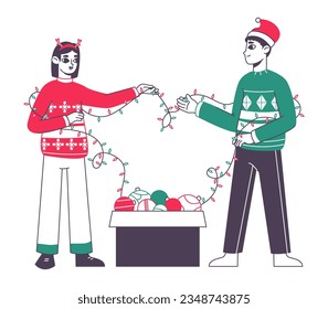 People with Christmas tree decorations. Couple or family decorating xmas tree, Christmas holidays preparation flat vector illustration