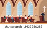 People in church. Catholic priest speaks to congregation, religious men and women on benches, society spirituality, pastor on tribune, cartoon flat style isolated nowaday vector concept