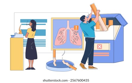 People with cigarette addiction. Man and woman evaluate graphs and diagrams. Financial literacy, assessment of expenses and income. Accounting and budgeting. Linear vector illustration