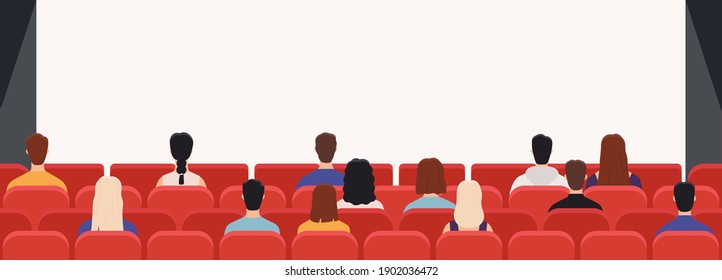 People in cinema from back. Movie theater audience watching film. Men and women public looking at screen in hall with chairs, vector concept. Woman and man, entertainment cinema illustration