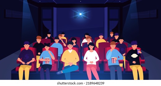 People in cinema. Cartoon characters on holiday spending time in movie theater, dark room interior with red chairs and cinema projector. Vector people watching movie in cinema illustration