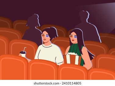 People in cinema concept. Women with soda and pop corn watch movie. Cultural leisure and lifestyle. Young girls in red and blue 3d glasses. Cartoon isometric vector illustration