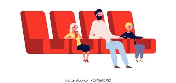 People in cinema. Father, children watch movie. Flat viewers with drink in theater. Cartoon man kids in 3d glasses, weekend entertainment vector illustration