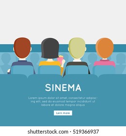 People In Cinema Hall, Back View. Four Young Men And A Woman Sitting In A Chair Facing A Blank Screen. Cinema Background. Website Design Template. Vector Illustration In Flat Style Design.