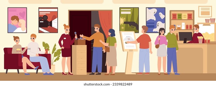 People in cinema hall, family and couples buy tickets and food. Movie theater lobby, friends spend time together. Happy weekend snugly vector scene