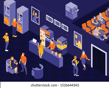 People in cinema hall and near concession stand waiting for movie time 3d horizontal isometric vector illustration