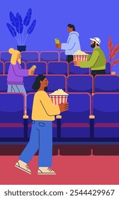 People in cinema holding popcorn and tickets colorful scene with blue seats and indoor plants modern flat style