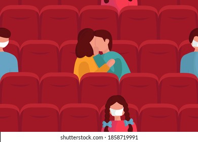 People in the cinema are kissing. Wearing medical masks. Epidemic. Coronavirus. Virus. Vector illustration