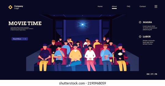 People in cinema landing. Web page template of cartoon graphic with people watching movie in dark cinema room. Vector starting page illustration of movie theater. Entertainment industry