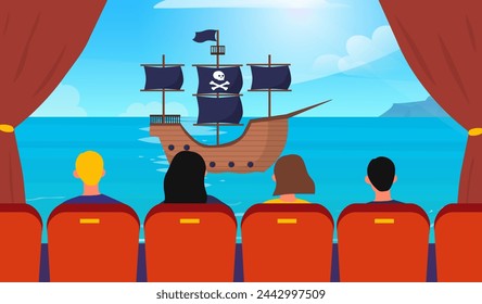 People in cinema. Men and women look at ship at sea. Cultural rest and leisure. Movie or series at big display. Visitors and spectators at red chairs. Cartoon flat vector illustration