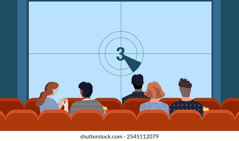 People in cinema. Men and women sit on red chairs and watch film at large display. Cultural rest and leisure. Audience watching movie. Fun and entertainment. Flat vector illustration