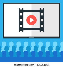 People at cinema and cinema screen with film frame. Audience watching movie concept. Flat design vector illustration