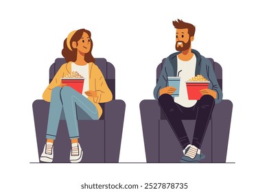 Personnes dans des utilisateurs de cinéma tenant du pop-corn profitant d'une scène de film avec des collations vêtements décontractés coloré design plat isolé arrière-plan