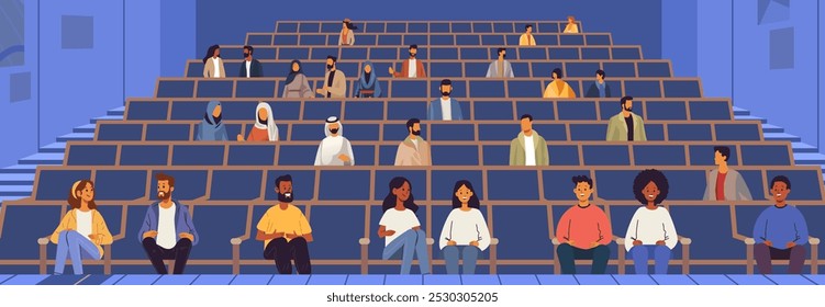 People in cinema theater audience diverse group sitting in rows blue background casual clothing