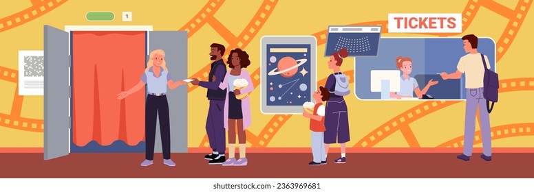 People in cinema theater hall vector illustration. Cartoon male and female characters go on family film to movie theatre, mother and son, friends give tickets to usher, buy tickets for seat at counter