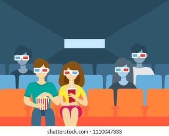 People in cinema theater. People watching film and eating.