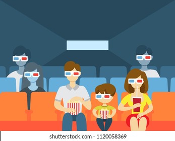 People in cinema theater. People watching film and eating.