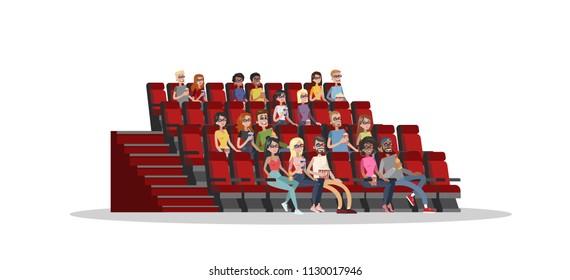 People in the cinema theater watching movie in 3d glasses, eating pop corn and drinking soda. Happy friends spending weekend watching film. Isolated flat vector illustration