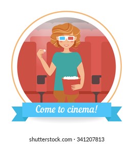 People in the cinema. Vector isolated illustration. Cartoon character. 3D glasses