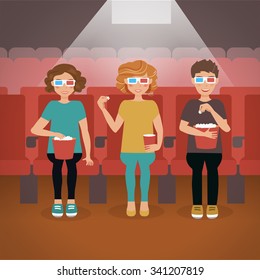 People in the cinema. Vector isolated illustration. Cartoon character. 3D glasses