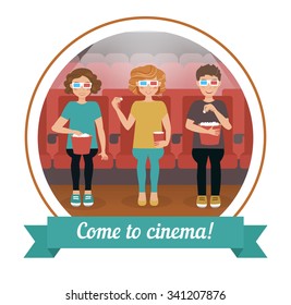 People in the cinema. Vector isolated illustration. Cartoon character. 3D glasses