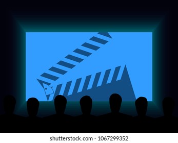 People in the cinema watch a movie. Clapperboard, movie clapper. Shadows on the background of the screen. Vector illustration