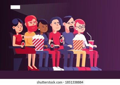 People in cinema watching a movie. Young men and women in the cinema with popcorn and drinks. Vector illustration.