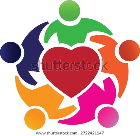 People circle around heart. Teamwork concept, cooperation and love