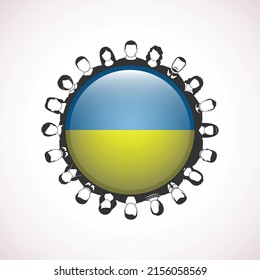 People in circle  falg in the middle in ukrainian national colors. Support, help, donate to Ukraine. Vector illustration represents charity, union, empathy.