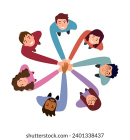 People in a circle with hands on top of each other top view. Teamwork. Team together.