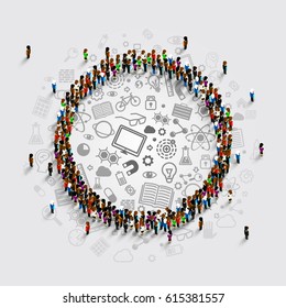 People in a circle with a lot of icons. Vector illustration