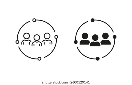 People in Circle, Social Group Unity Pictogram. Business and Partnership Symbol. Employee Team Line and Silhouette Icon Set. Teamwork. Editable Stroke. Isolated Vector Illustration.