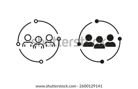 People in Circle, Social Group Unity Pictogram. Business and Partnership Symbol. Employee Team Line and Silhouette Icon Set. Teamwork. Editable Stroke. Isolated Vector Illustration.