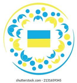 People in circle in ukrainian national colors with ukraine falg in the middle. Support, help, donate to Ukraine. Vector illustration represents charity, union, empathy