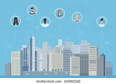 The people in circles in the city communicating vector illustration. Social media and social network concept.