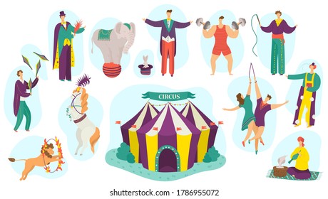 People in circus performance vector illustration set. Cartoon flat fun active artist character performing magic show, clown, acrobat, juggler or animal performer with circus tent isolated on white