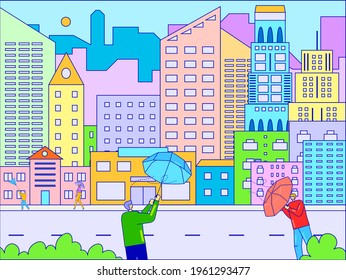 People Citizen Hold Umbrella, City Windy Day Bad Weather, Atmospheric Condition Street Road Line Flat Vector Illustration, Isolated On White.