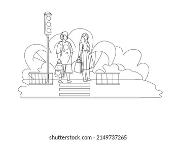 People citizen standing at crossroad under traffic light line vector illustration. City pedestrian crossing concept