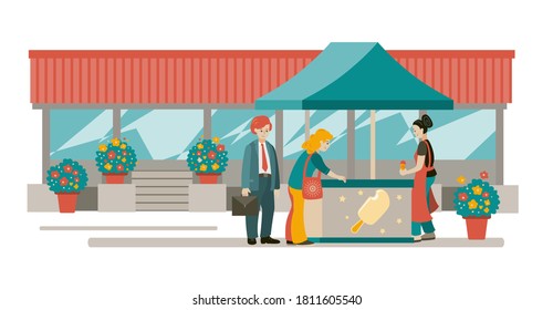People in the city buying ice cream. Vector illustration in flat style.