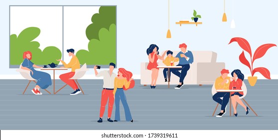 People In City Cafe Flat Color Vector Illustration. Friends Meeting In Coffeehouse. Colleague Lunch Break. Family In Restaurant 2D Cartoon Characters With Coffeeshop Interior On Background