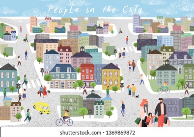 People in the city. Cute cityscape vector illustration with people, cars, buildings, houses and trees. Urban panorama drawing