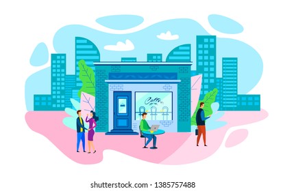 People in City Daily Routine Flat Vector Lifestyle Cartoon Illustration Man Freelancer Working on Laptop Sitting at Cafe Outside Couple Hugging Walking Street Businessman Going Work Business Meeting
