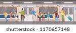 People or city dwellers in metro, subway, tube or underground train car. Men and women in public transport. Male and female characters using rapid transit. Vector illustration in flat cartoon style.